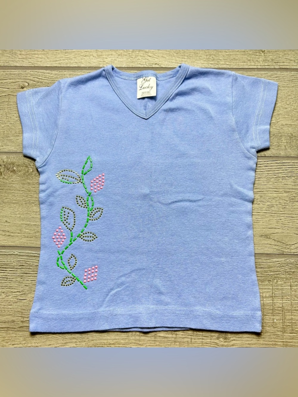 Get Lucky Baby Tee V-Neck with Pink & Green Floral Studs